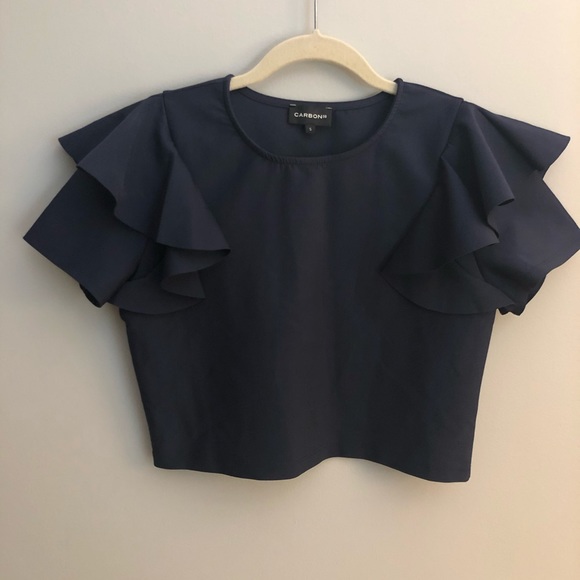 Navy Cold Shoulder Ruffle Crop Top by Carbon38 - Picture 3 of 5